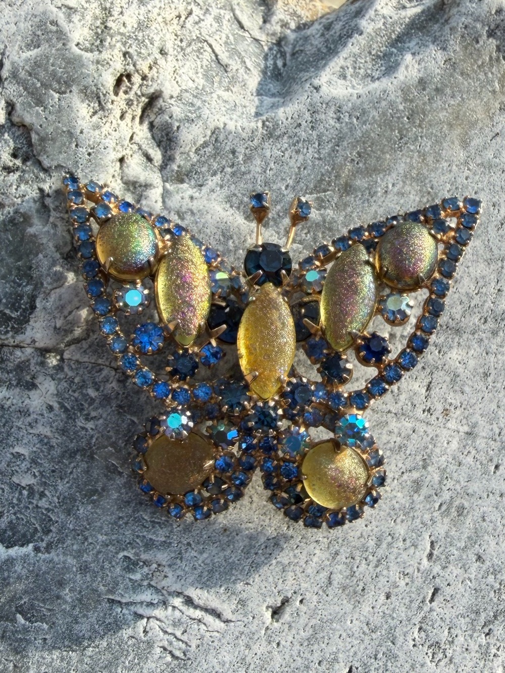 Vintage Blue Crystal Frosted Glass Unique Butterfly Statement Brooch
